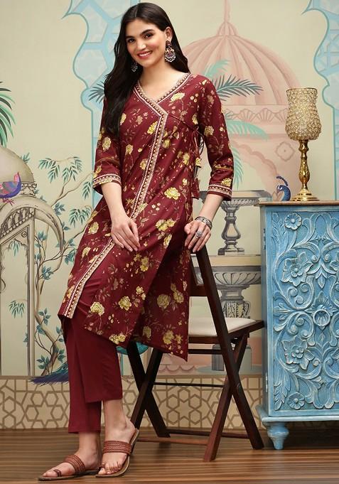 Maroon Floral Printed Angrakha Pure Cotton Kurta With Trousers