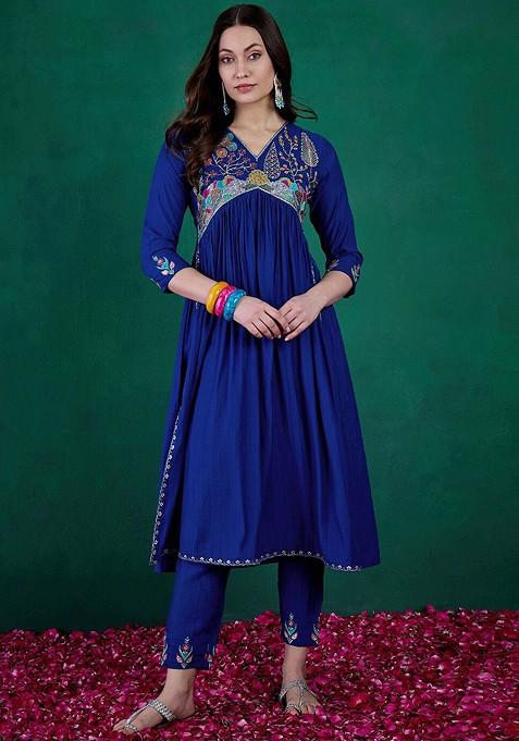 Floral Embroidered Sequinned V Neck Empire A Line Kurta With Trousers