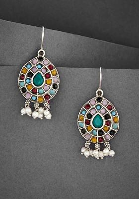 Silver Plated Oxidised Stone Studded And Beaded Drop Earrings