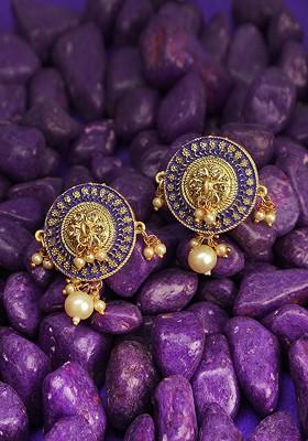 Gold Plated Stones Studded And Beads Bead Circular Drop Earrings