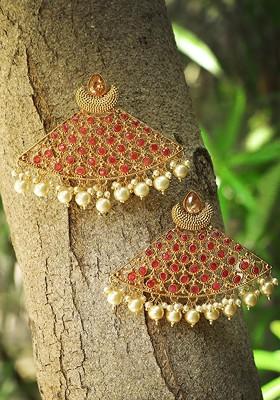 24 CT Gold Plated Stones Studded And Beads Bead Classic Drop Earrings