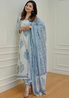 Floral Printed Regular Mirror Work Pure Cotton Straight Kurta With Salwar And Dupatta