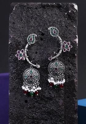 Silver Plated Stone Studded Peacock Shaped Oxidised Drop Earrings