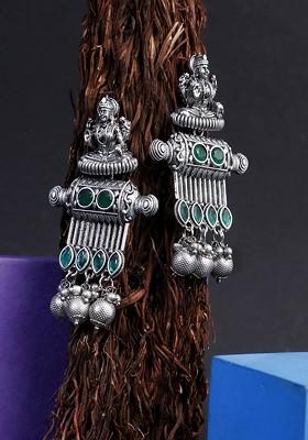 Silver Plated Artificial Stones Studded Oxidised Classic Drop Earrings