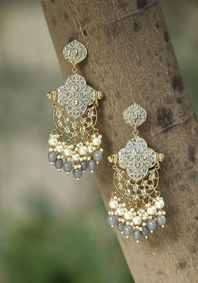 Gold Plated Artificial Stones And Beads Drop Earrings