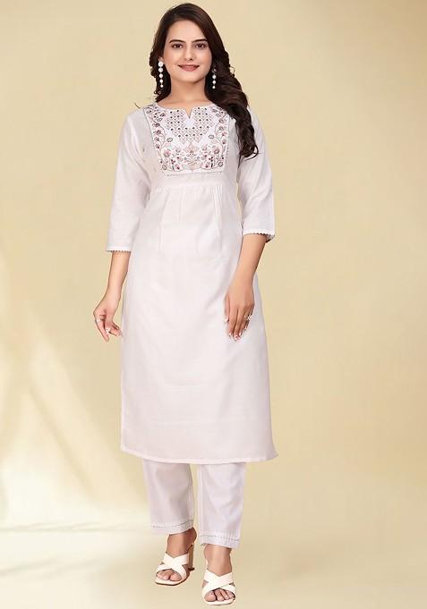 Ethnic Motifs Embroidered Pleated Thread Work Straight Kurta With Trousers