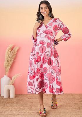 Magenta Floral Printed V-Neck Gathered Cotton A-Line Midi Dress