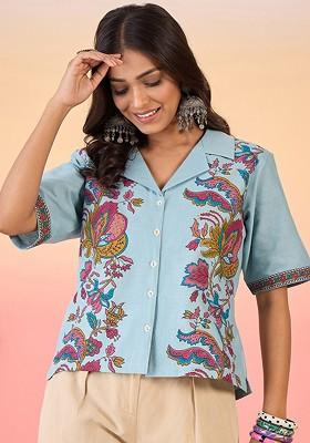Floral Print Lapel Collar Cotton Shirt Style Top
