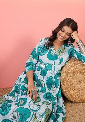 Green Floral Printed V-Neck Gathered Cotton A-Line Midi Dress