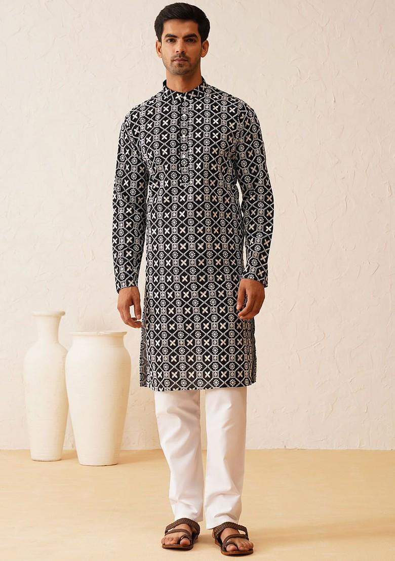 Embroidered Sequin Mandarin Collar Long Sleeves Cotton Straight Kurta