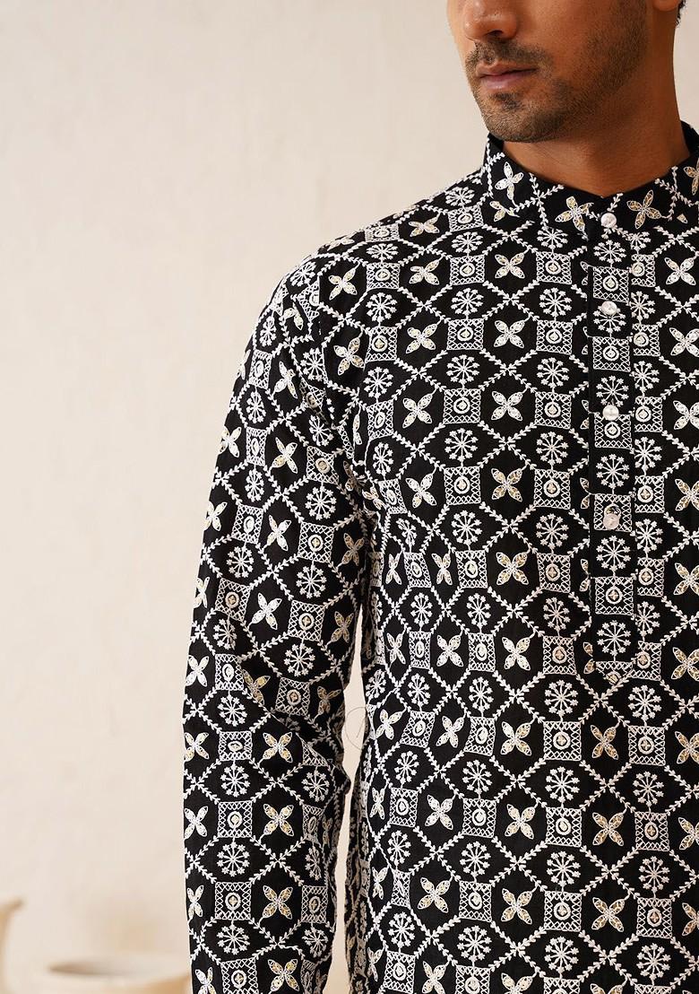 Embroidered Sequin Mandarin Collar Long Sleeves Cotton Straight Kurta