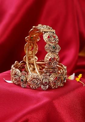 Women Set Of 2 Gold Plated Stone Studded Leaf Design Bangles