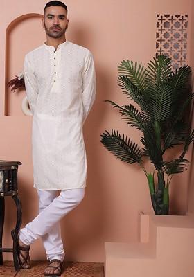 Ethnic Motifs Embroidered Mandarin Collar Long Sleeves Pure Cotton Kurta Set