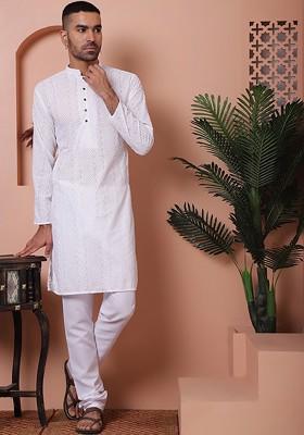Embroidered Mandarin Collar Long Sleeves Pure Cotton Kurta With Churidar