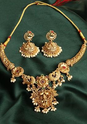 Women Gold Plated Stone Studded And Bead Laxmi Temple Jewellery Set
