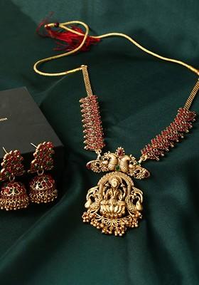 Gold Plated Stone Studded And Bead Laxmi Temple Jewellery Set