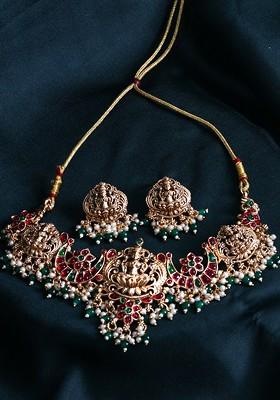 Gold Plated Stone Studded And Bead Laxmi Temple Jewellery Set