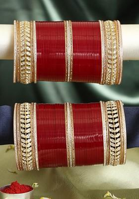 Set Of 74 Gold Plated And Stone Studded Wedding Chuda Bangles