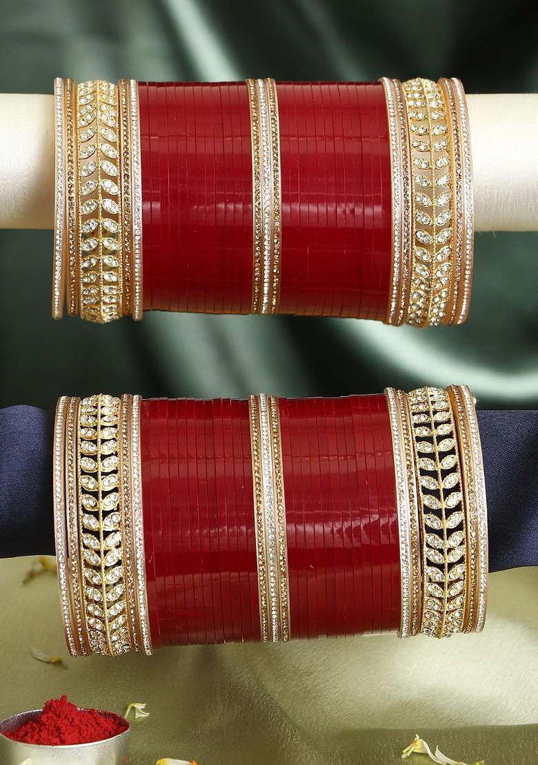 Set Of 74 Gold Plated And Stone Studded Wedding Chuda Bangles