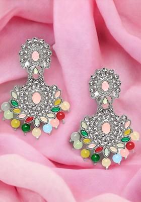 Silver-Toned Kundan Studded Contemporary Drop Earrings