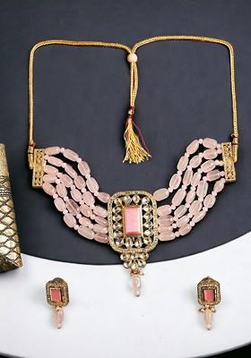 Pink Opal Beads Necklace And Earrings