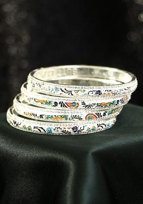 Set Of 4 Gold Plated Stone Studded And Printed Bangles