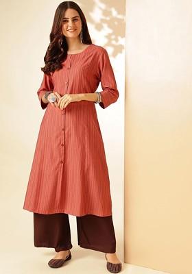 Peach Striped Dobby A-Line Kurta