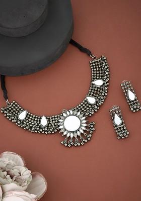 German Silver Plated And Floral Shaped Mirror Stone Studded jewellery set