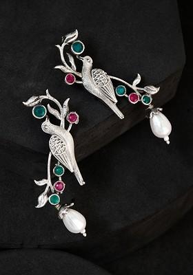 Silver Plated Stone Studded And Beaded Contemporary Drop Earrings