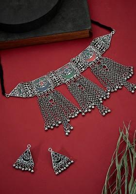 German Silver Plated Meenakari Ghunghroo Stone Studded Jewellery set