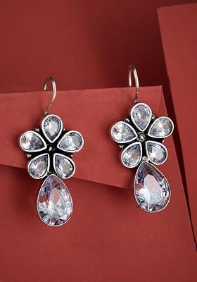 Silver Plated Stone Studded Floral Drop Earrings