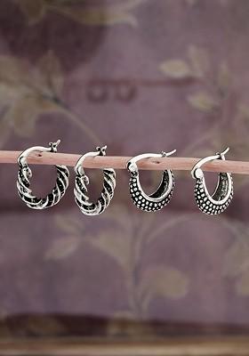 Set of 2 Silver Plated Contemporary Oxidised Hoop Earrings