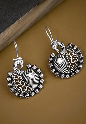 Silver Plated Stone Studded Peacock Shaped Drop Earrings
