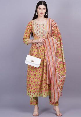Women Floral Printed Regular Mirror Work Pure Cotton Kurta Trousers With Dupatta