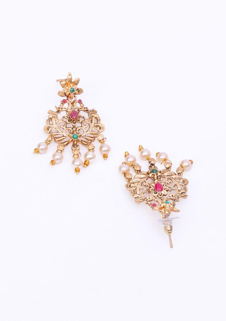 Gold Plated Stone Studded And Beaded Jewellery Set