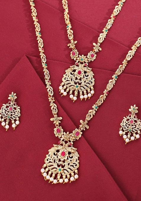 Gold Plated Stone Studded And Beaded Jewellery Set