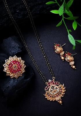 Gold Plated Artificial Stone And Beads Mangalsutra With Earrings And Ring