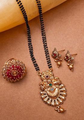 Gold Plated Artificial Stone And Beads Mangalsutra With Earrings And Ring