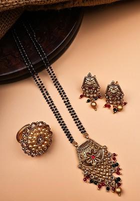 Gold Plated Artificial Stone And Beads Mangalsutra With Earrings And Ring