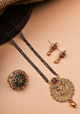 Gold Plated Artificial Stone And Beads Mangalsutra With Earrings And Ring
