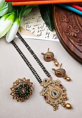 Gold Plated Artificial Stone And Beads Mangalsutra With Earrings And Ring