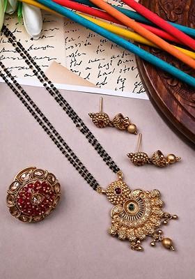 Gold Plated Artificial Stone And Beads Mangalsutra With Earrings And Ring