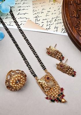 Gold Plated Artificial Stone And Beads Mangalsutra With Earrings And Ring