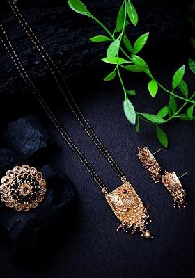 Gold Plated Artificial Stone And Beads Mangalsutra With Earrings And Ring