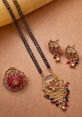 Gold Plated Artificial Stone And Beads Mangalsutra With Earrings And Ring