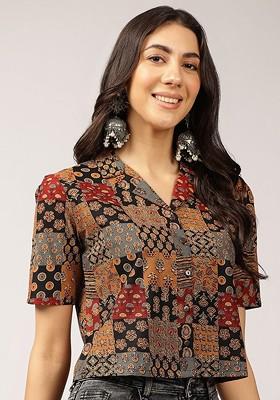 Ethnic Printed Cuban Collar Pure Cotton Shirt Style Top