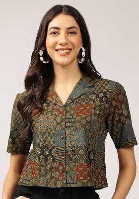 Ethnic Printed Cuban Collar Pure Cotton Shirt Style Top