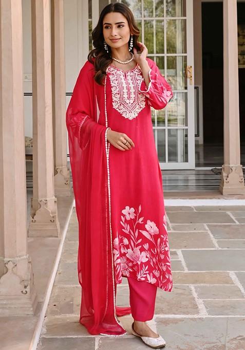 Women Floral embroidered Red round_neck Pure Cotton Kurta With Trouser & Dupatta Set