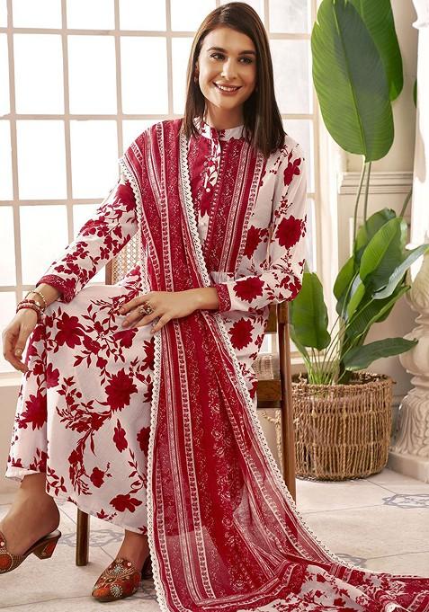 Women Floral Printed Pleated Pure Cotton Kurta With Trousers And With Dupatta