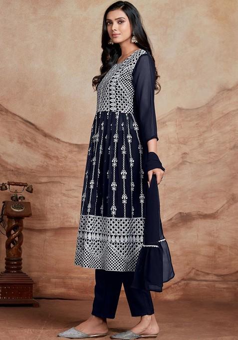Ethnic Motifs Straight Chikankari Sequin Embellished Kurta with Trousers & Dupatta main image 0